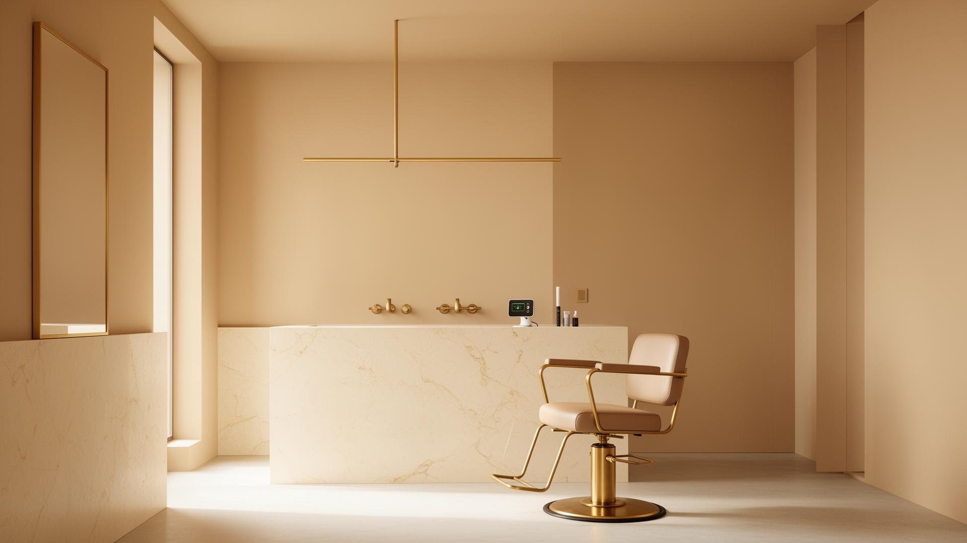 Minimalist luxury salon interior with brass fixtures